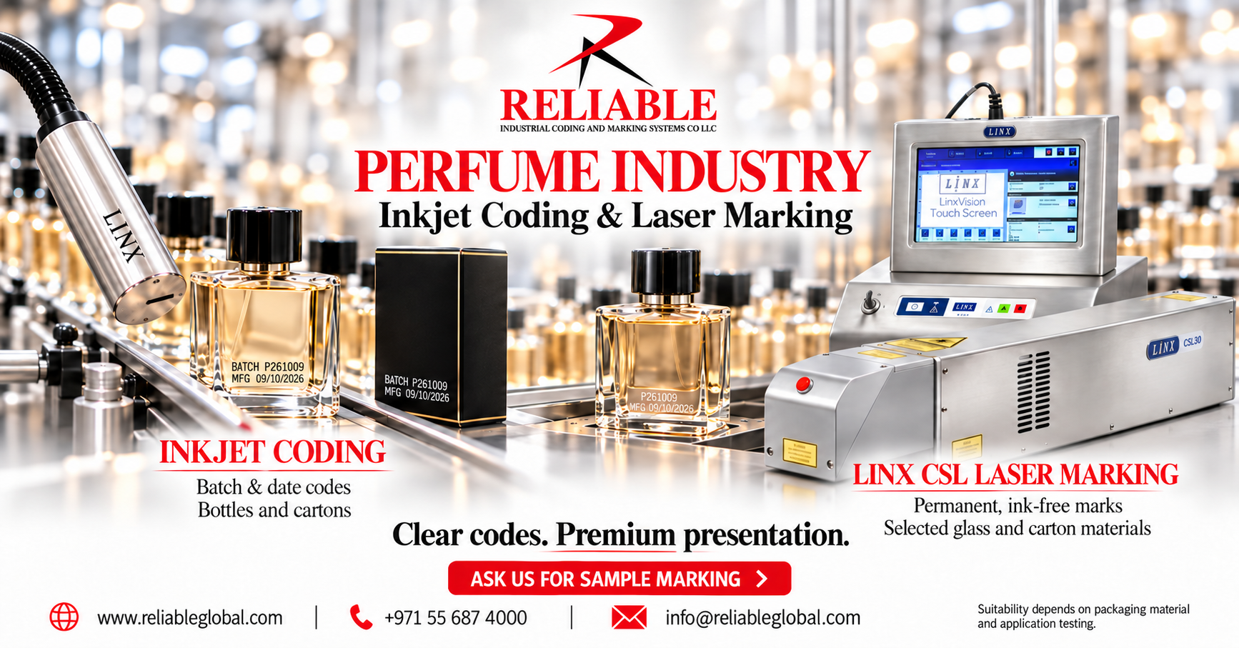 Reliable perfume coding solutions with inkjet coding and Linx CSL laser marking on bottles and cartons