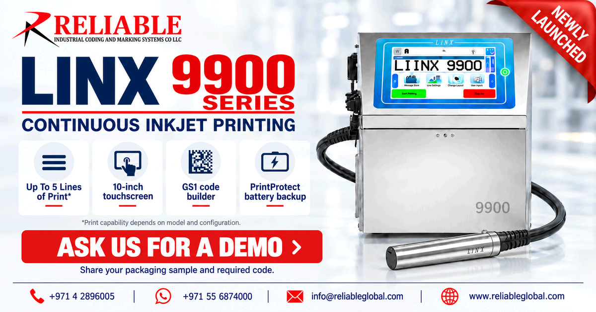 Linx 9900 Series continuous inkjet printer from Reliable UAE – ask us for a demo