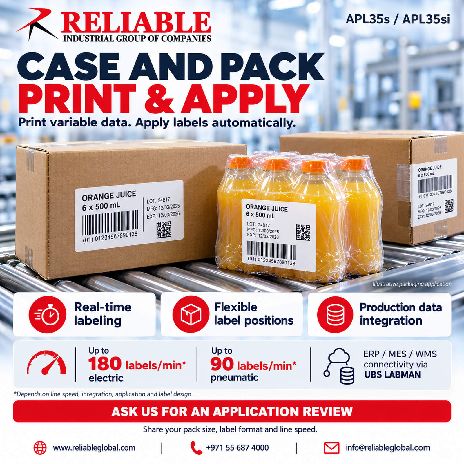 Case print and apply solutions from Reliable for cartons and shrink-wrapped packs