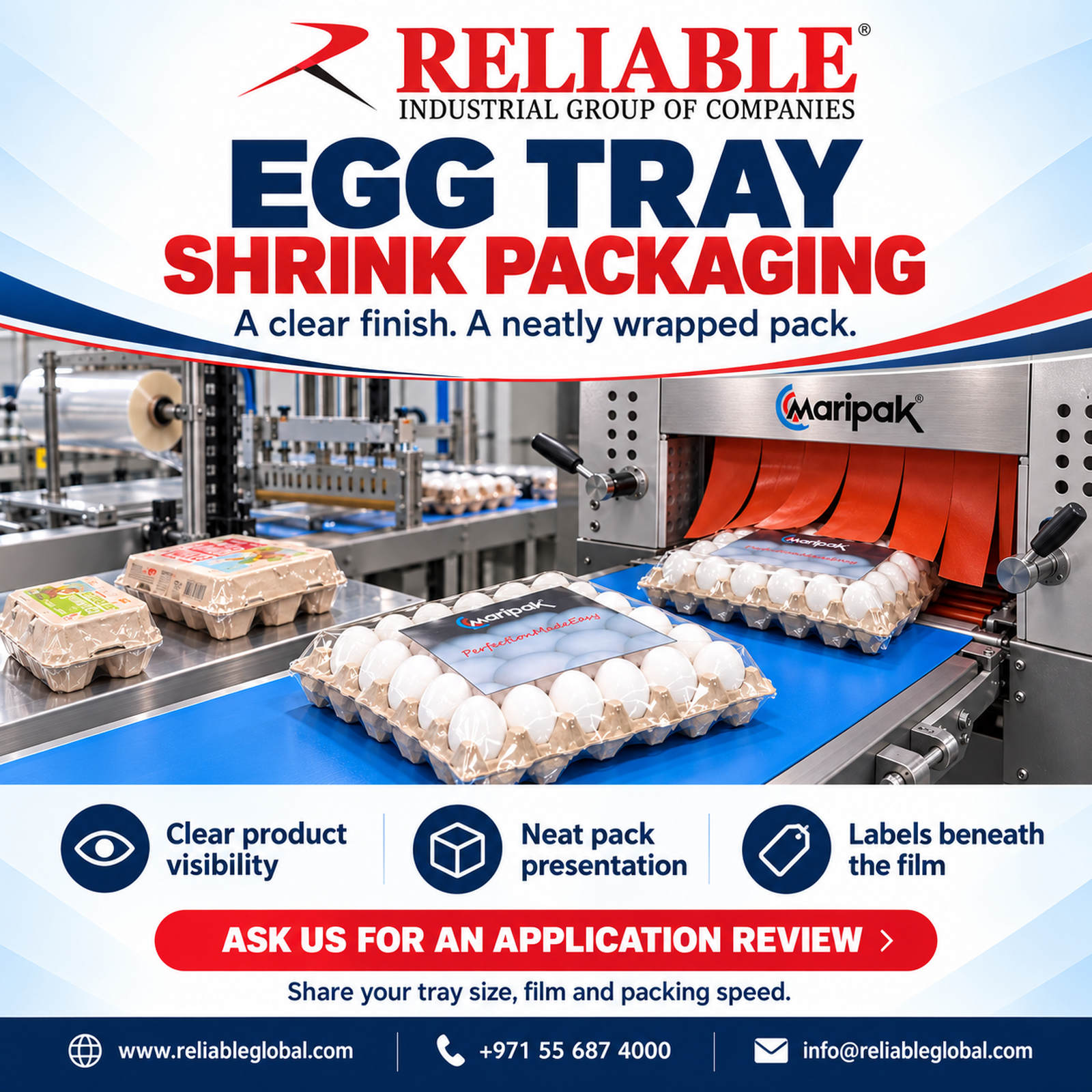 Egg tray packaging with clear shrink film on a Maripak shrink tunnel conveyor