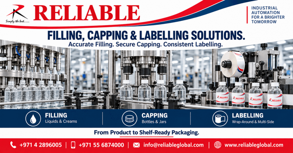 Filling capping and labelling equipment for bottles — Reliable Industrial Group.