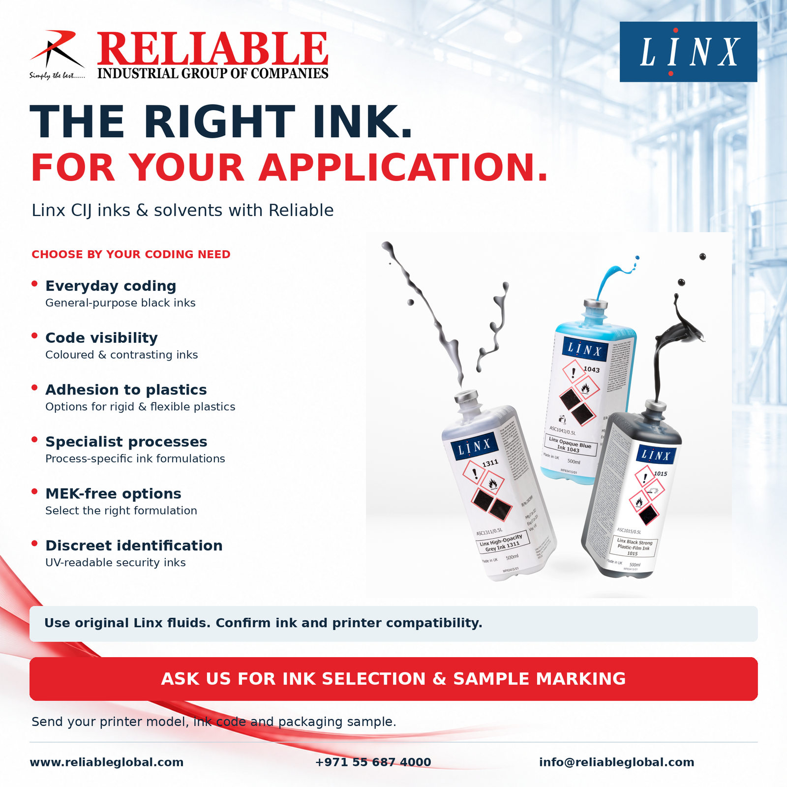 Linx CIJ inks and solvents from Reliable featuring original Linx ink cartridges