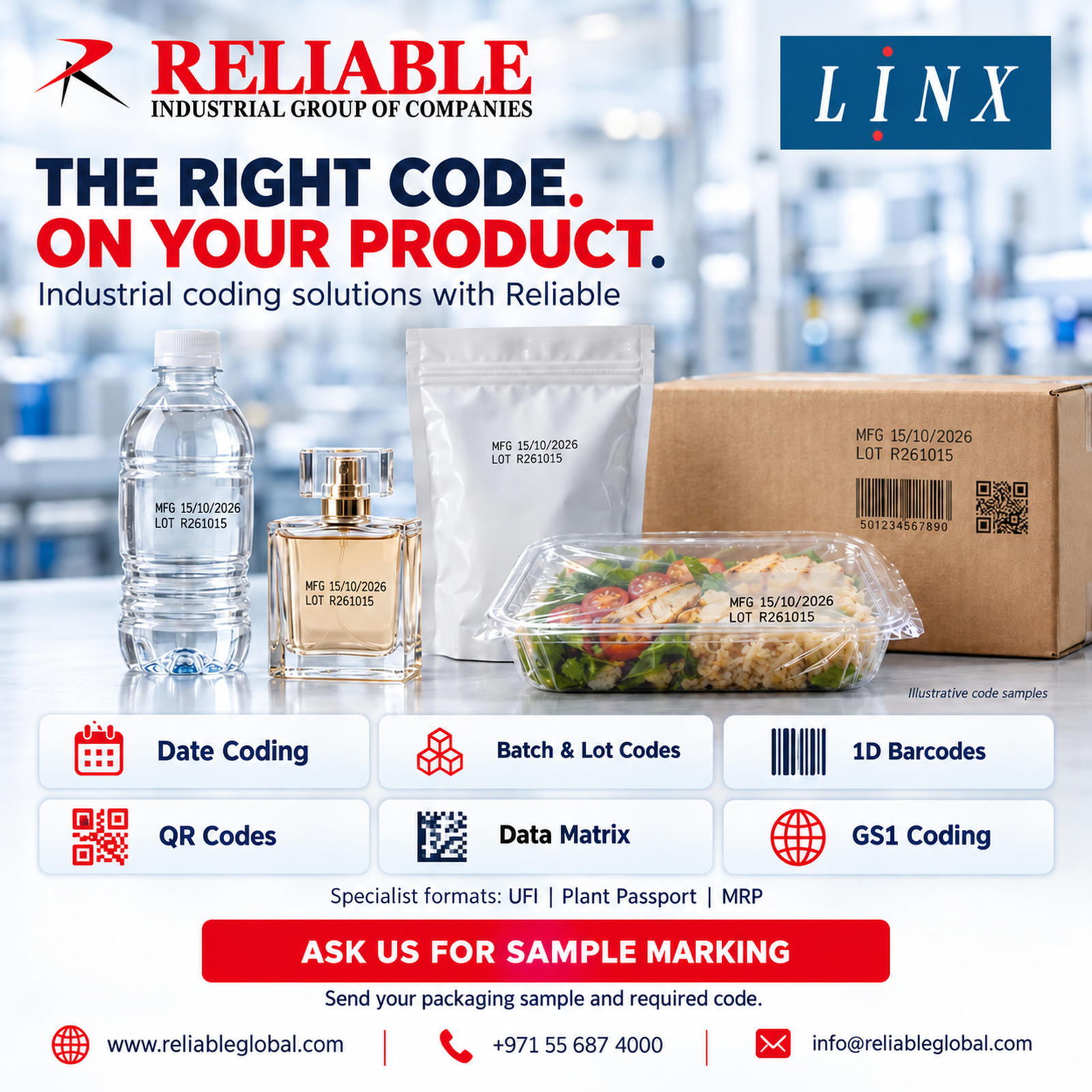 Industrial coding solutions from Reliable with Linx date codes, batch codes, barcodes and 2D coding examples