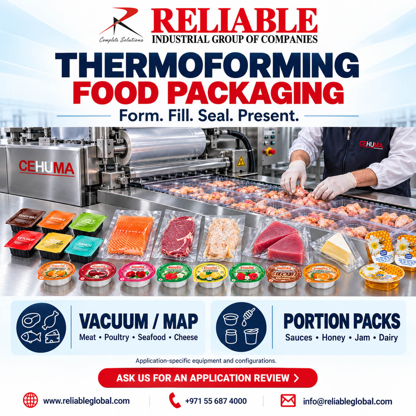 CEHUMA thermoforming packaging showcase with poultry trays, meat, seafood and food portion packs