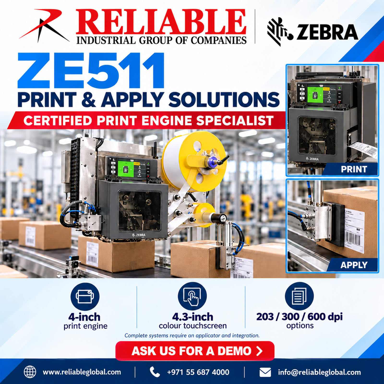 Zebra ZE511 print engine integrated with a carton label applicator, promoted by Reliable