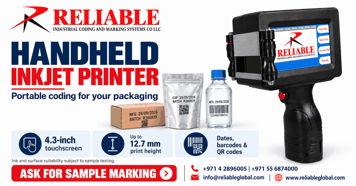 Reliable handheld inkjet printer for packaging date and batch coding