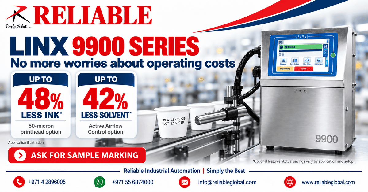 Linx 9900 running costs campaign showing optional ink and solvent savings