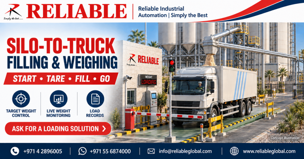 Silo truck loading system filling a truck on a weighbridge with controlled dosing and live weight monitoring