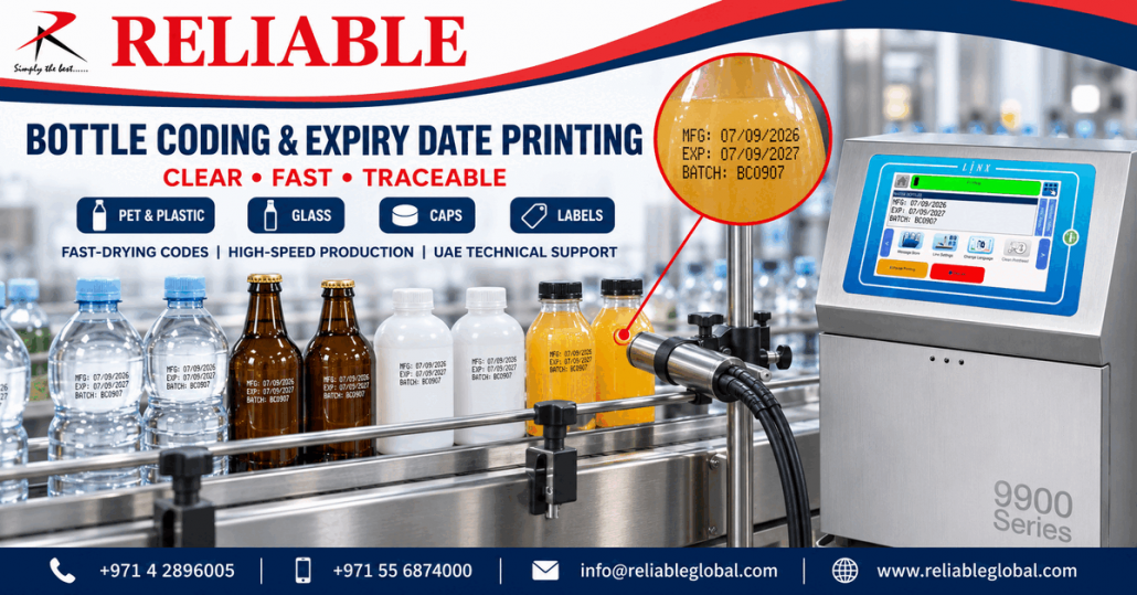 Linx 9900 bottle coding machine printing expiry dates on plastic and glass bottles in UAE
