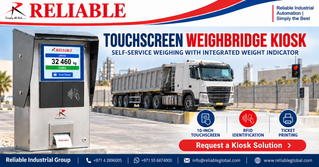 Reliable touchscreen weighbridge kiosk with weight indicator, RFID reader and ticket printer beside a truck scale